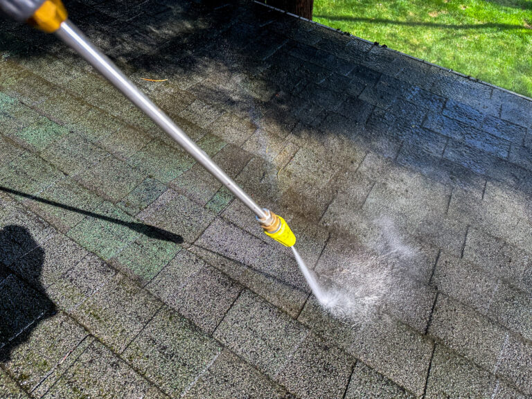 Cleaning a roof with a pressure washer on a sunny day in a backyard Lancaster Pro Wash | Returning Customers in Rock Hill for House and Garage Pressure Washing